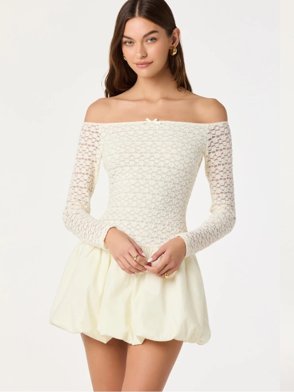 ASTR The Label  Off Shoulder Mixed Media Mini Dress Cream Lace Crochet